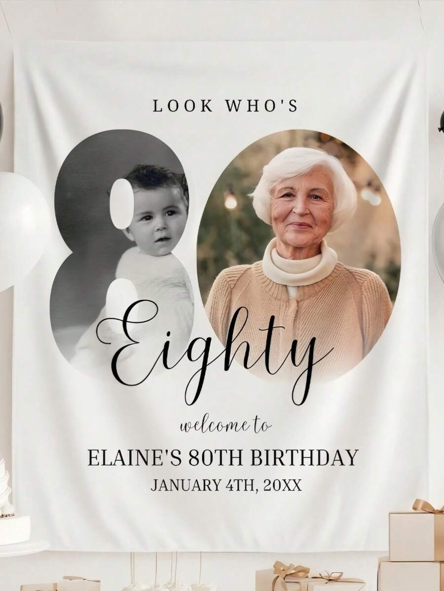 1pc Customized Birthday Party Tapestry Banner, Personalized Photo Backdrop For 21st 30th 40th 50th 60th 80th Birthday, Who's 80 Welcome Sign - Multicolor - View 1