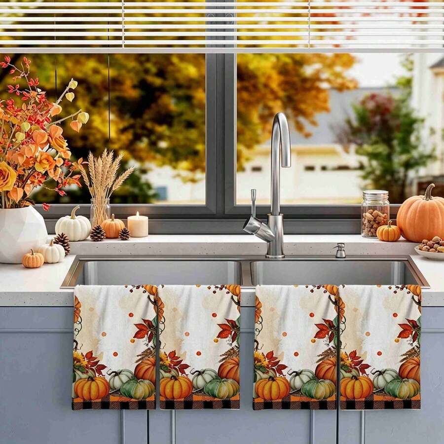 2/4/48pcs Autumn Series Multi-Color Pumpkin Border Pattern Printed Kitchen Towels - Ultra Soft, Highly Absorbent Polyester Tablecloths And Hand Towels, Perfect For Holiday Decor, Kitchen Decor, Party Decor.