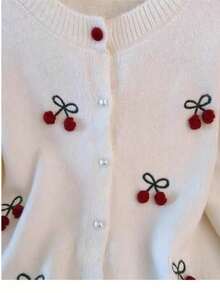 Cherry Embroidered Soft Knit Cardigan Sweater, New Loose Fit Slimming Versatile Knitwear For Women - White - View 8