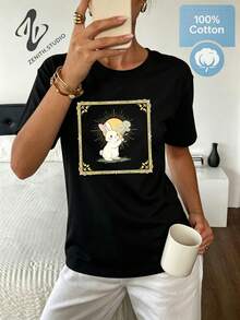 Daisy Rabbit Cozy Healing Pastoral Fairytale Pure Cotton Daisy Rabbit Illustration Print Women's Short Sleeve Daily Casual SpringSummer - 黑色 - 查看 1