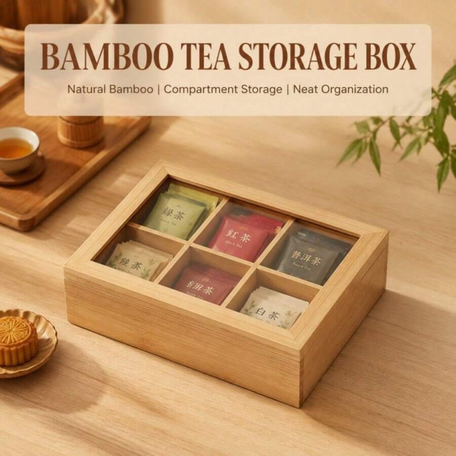 Natural Bamboo Tea Storage Box 4/8 Compartments 2 Styles Square & Vertical Wooden Tea Storage Box Suitable For Tea Lovers Kitchen Countertop Use Gift - Apricot - View 1