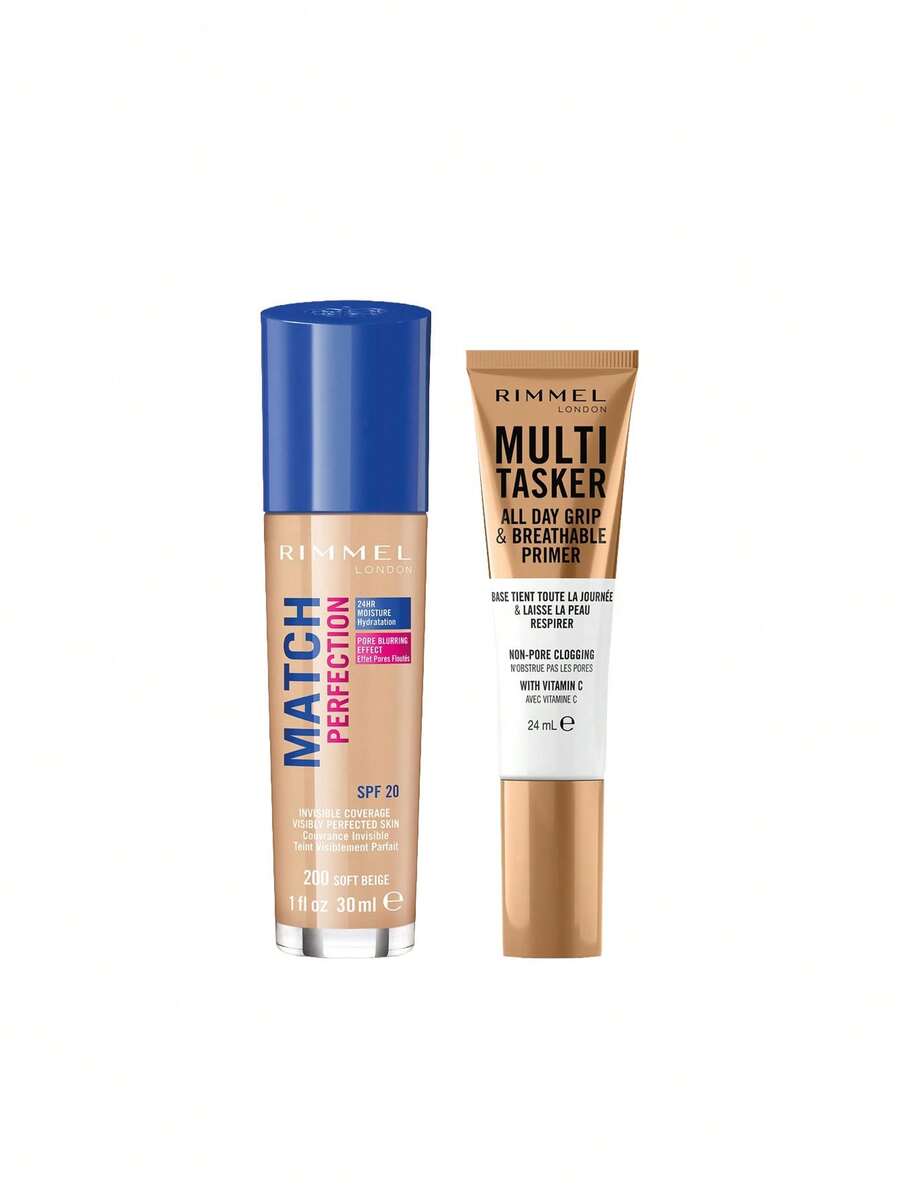 Rimmel [حزمة] كريم أساس Match Perfection بلون بيج ناعم 200 دافئ 30 مل + برايمر Multi-Tasker بثبات طوال اليوم وقابل للتنفس 24 مل - 200 بيج ناعم دافئ + شفاف - مشاهدة 1