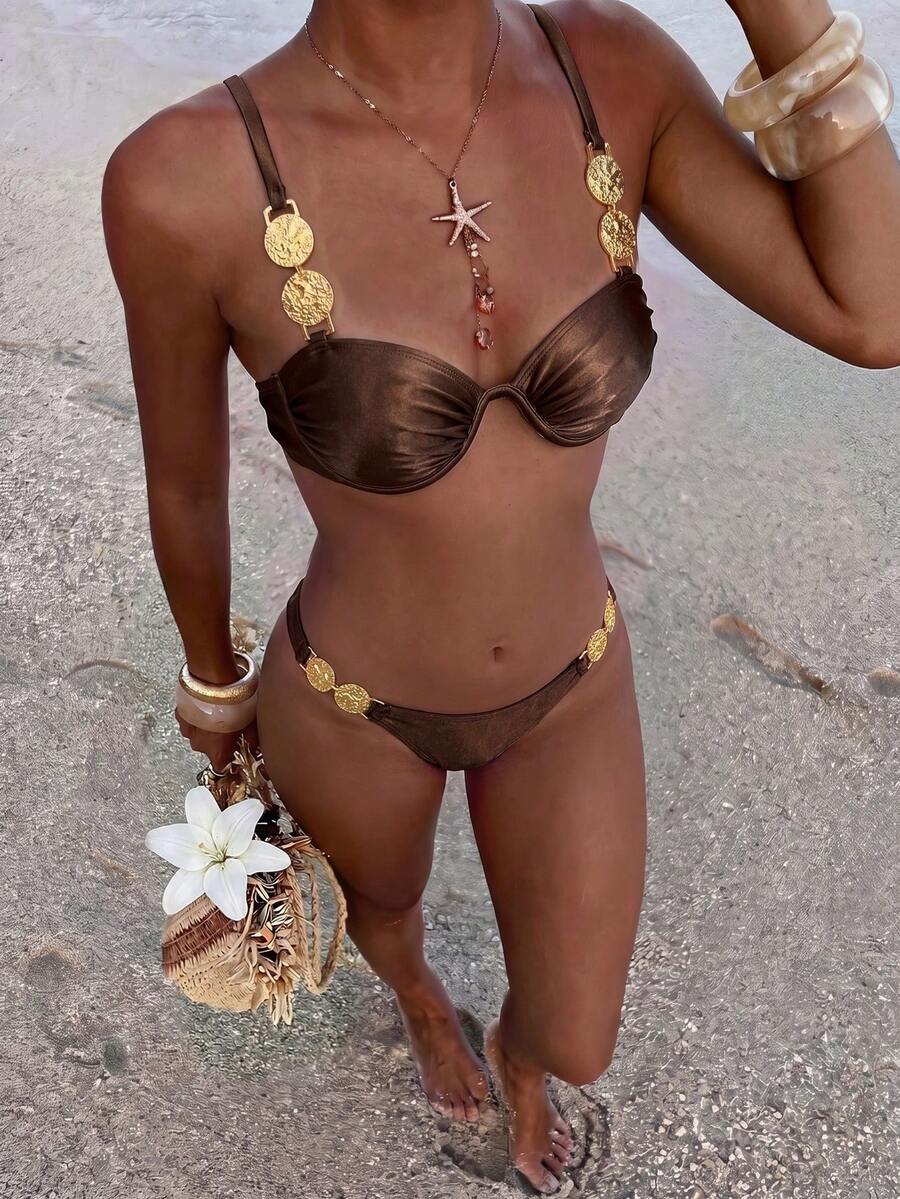 Bikinx Women's Solid Color Gold Decor Shoulder Strap Bikini Set Set, Underwire Style With Back Tie Design, Suitable For Beach Vacation Summer Brown - Brown - View 1
