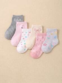 12/24雙蝴蝶結花朵兔子提花中筒襪，女童幼兒襪，柔軟透氣彈性，0-36M上學適用，嬰兒襪，女童襪 - 彩色 - 查看 4