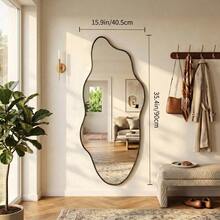Modern Asymmetrical Wall-Mounted Makeup Mirror, Black Wooden Frame, Suitable For Bedroom, Living Room Or Entryway - Black 1pc - View 5