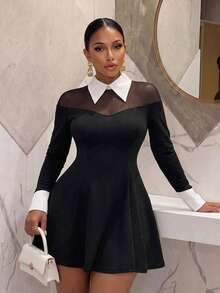 RNU Women's Plus Size Elegant Black Long Sleeve Dress, Sheer Mesh Patchwork Knit High Elastic, For Party, Night Date & Gathering, Fashion Versatile - Black - View 7