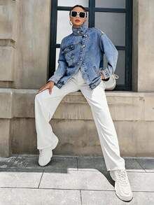 Mobula Sound#Spring/Autumn Versatile Fashion Denim Jacket, Asymmetrical/Asymmetrical Collar, Long Sleeve, Suitable For Campus, Vacation, Daily, Dating, Travel, Airport - Blue - View 3