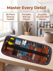 39/27/11Pcs Pottery Clay Sculpting Tools Set With Canvas Roll Bag Stainless Steel Wood Handle For Carving Modeling - Multicolor - View 2