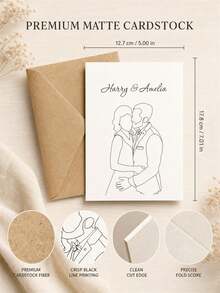 1pc Customized Couple Line Art Wedding Greeting Cards, Single-Line Sketch Blessing Cards For The Couple, Personalized Wedding Portrait Memo Cards, Minimalist Wedding Stationery, Customized Wedding Painting Cards. - Multicolor - View 2
