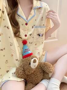 2pcs/Set Women's Pajamas Homewear Set, Lapel Cardigan Cute Animal Print Short Sleeve Shorts, Comfortable For Home - Yellow - View 6