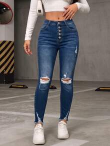 Women's Mid-Waist Slim Fit Distressed Jeans, Button Fly, Dark Wash Vintage Denim, Creating A Retro Fashion Style - Dark Wash - View 2