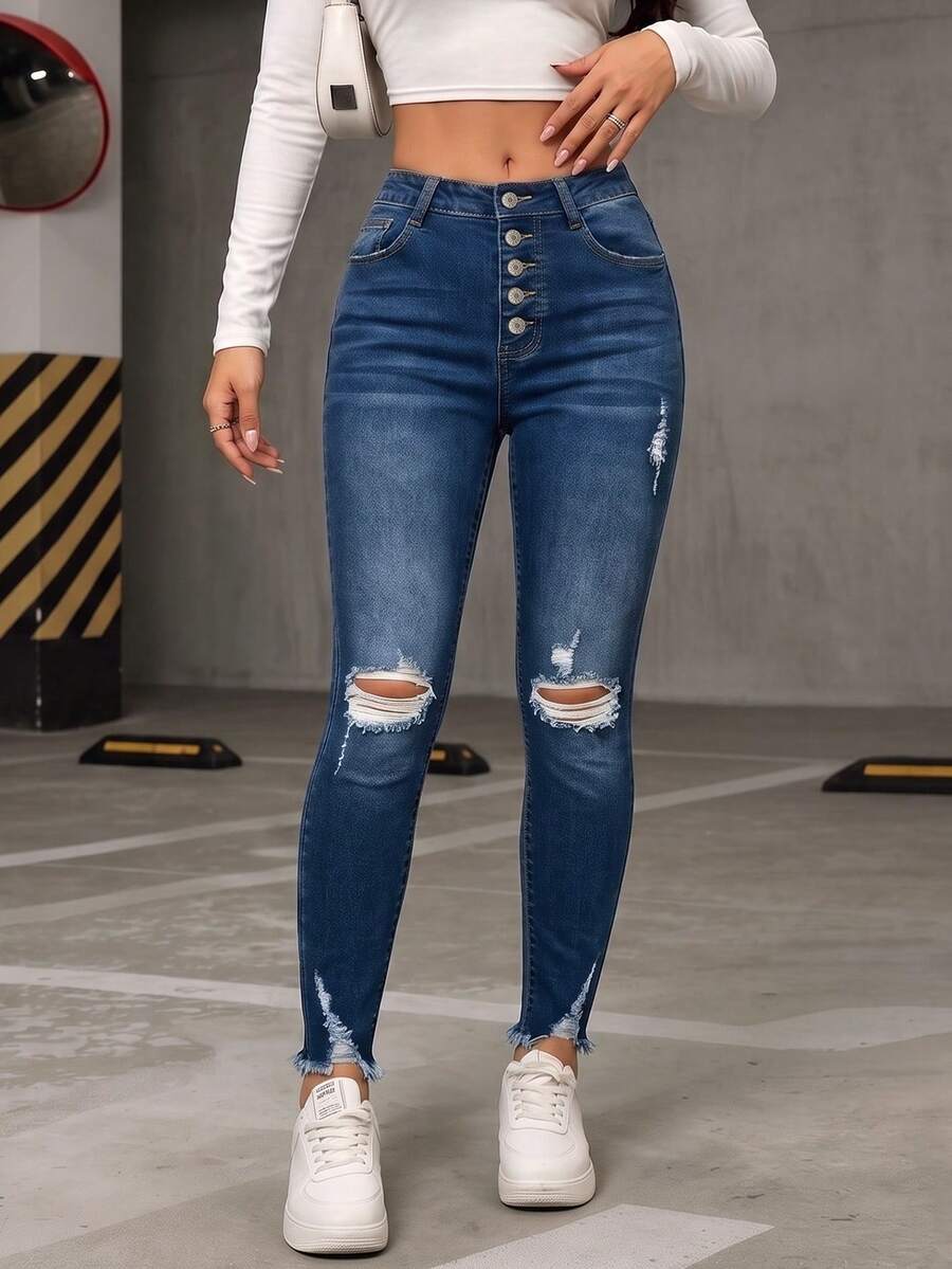 Women's Mid-Waist Slim Fit Distressed Jeans, Button Fly, Dark Wash Vintage Denim, Creating A Retro Fashion Style
