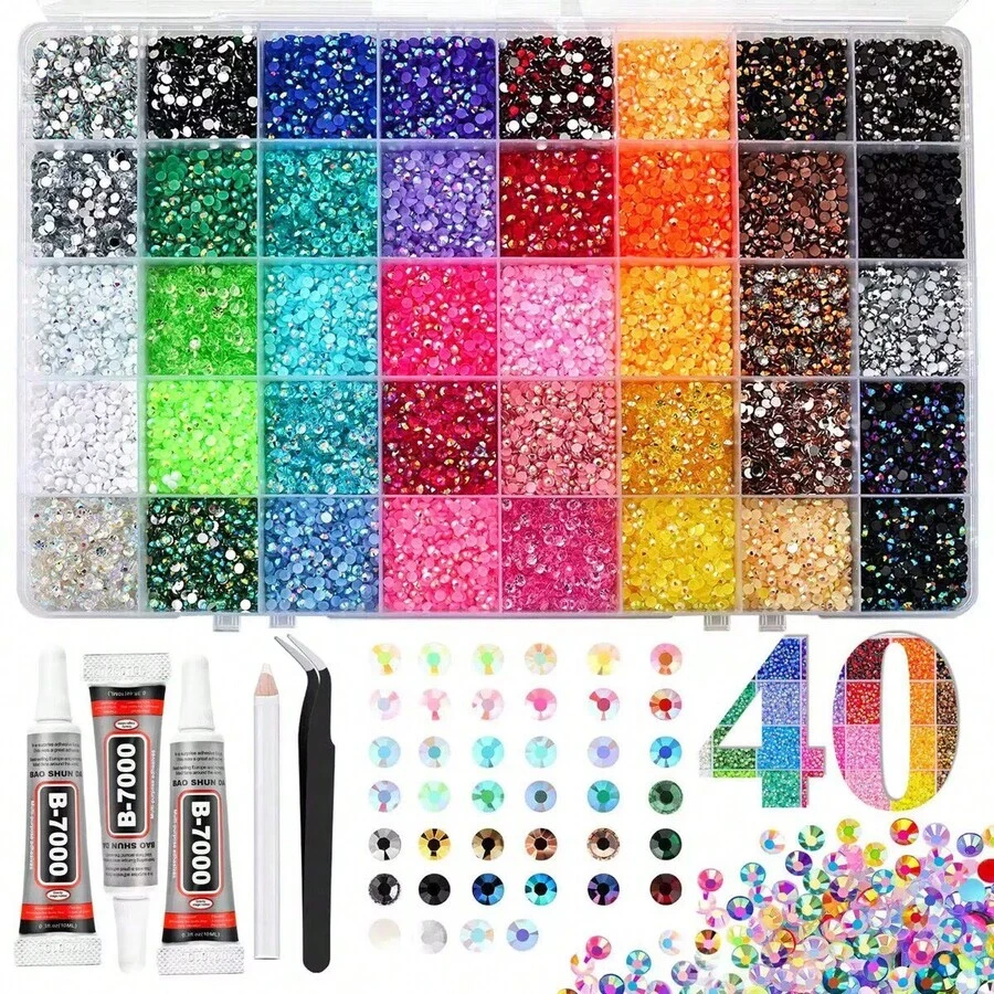 15/24/28/40色樹脂水鑽套組，6mm平底水鑽附3件B7000珠寶膠與工具，多用途水鑽適用於藝術、睫毛接長、衣物DIY