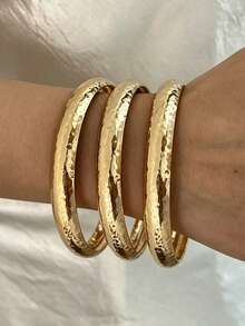 3pcs Elegant Vintage Minimalist Geometric Hammered Texture Bracelet Set Suitable For Women's Daily Wear - Golden - View 2