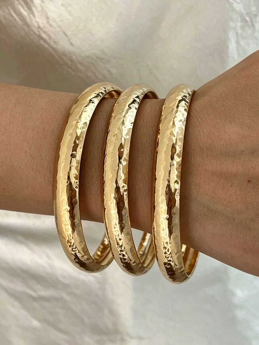3pcs Elegant Vintage Minimalist Geometric Hammered Texture Bracelet Set Suitable For Women's Daily Wear