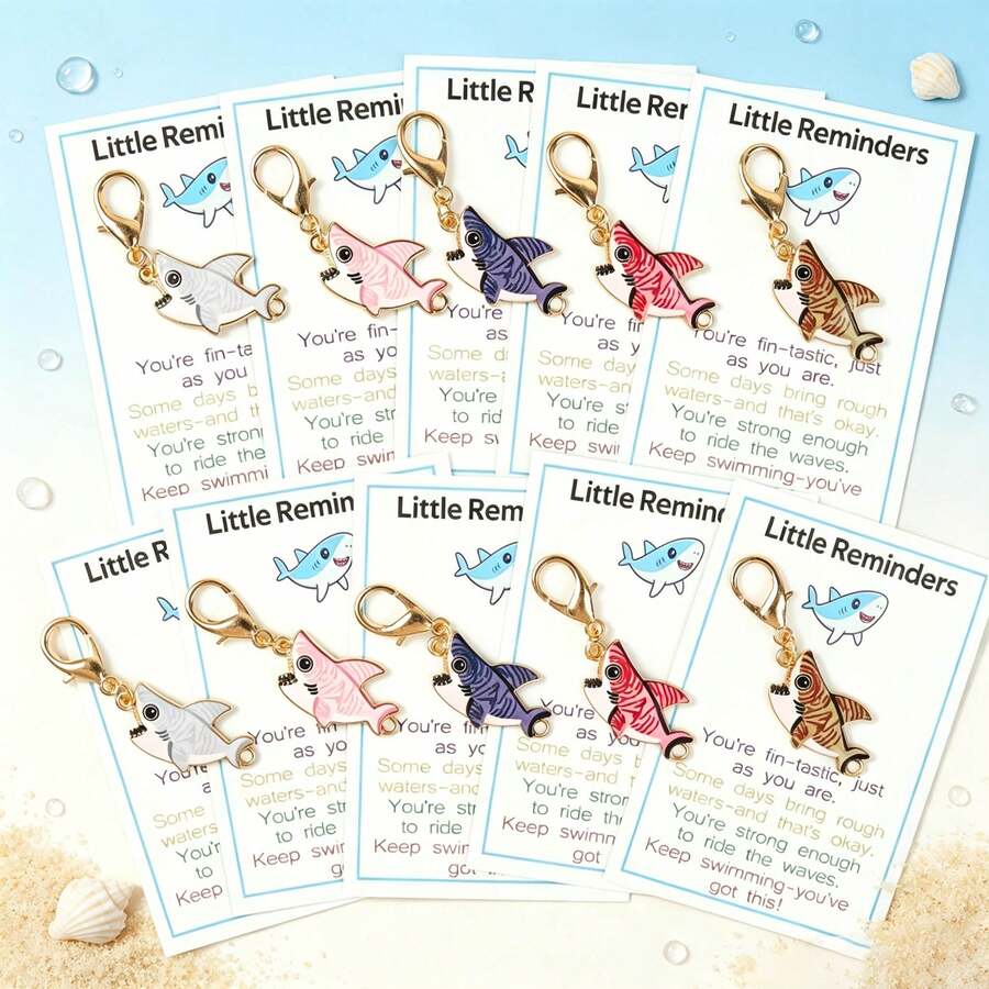 5 piezas/10 piezas Llavero de tiburón azul de aleación de moda con tarjeta de recordatorio de tiburón alentadora, diseño minimalista de océano, colgante de decoración para mochila, regalo para fiesta - Multicolor - Ver 1