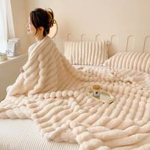 1pc Solid Color Striped Soft Warm Plush Blanket, Room Decor Multi-Functional Throw Blanket, Suitable For Bed, Sofa, Travel, Office, Bedroom Decoration Home Decor Autumn Decor All Season Use, Perfect Christmas And Halloween Gift For Friends And Family - Milky White - View 6
