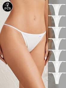 7pcs Women's Pure Cotton Ribbed Thong Panties, Soft Skin-Friendly G-String Briefs, Comfortable Triangle Underwear For Daily Wear, White - White - View 6
