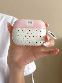 1pc Wavy Glossy Earbud Case, Pink White Two-Tone Polka Dot & Light Blue Bow Print, White Spring Ring Clasp, Soft TPU Full-Wrap Shockproof Protective Cover Compatible With AirPods41,2,3,4,Pro,Pro2,Pro3 - Multicolor - View 4
