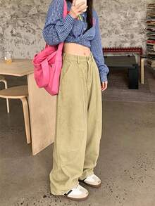 American Vintage Washed Cotton Heavy Patchwork Curved Leg Wide Leg Pants, Relaxed High Street Casual Versatile Slimming Long Pants For Women, Autumn/Winter - Khaki - View 1