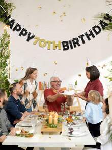 1pc Black & Gold Glitter 40th/50th/60th/70th/80th Happy Birthday Banner For Birthday Party Decoration - Black Gold - View 5