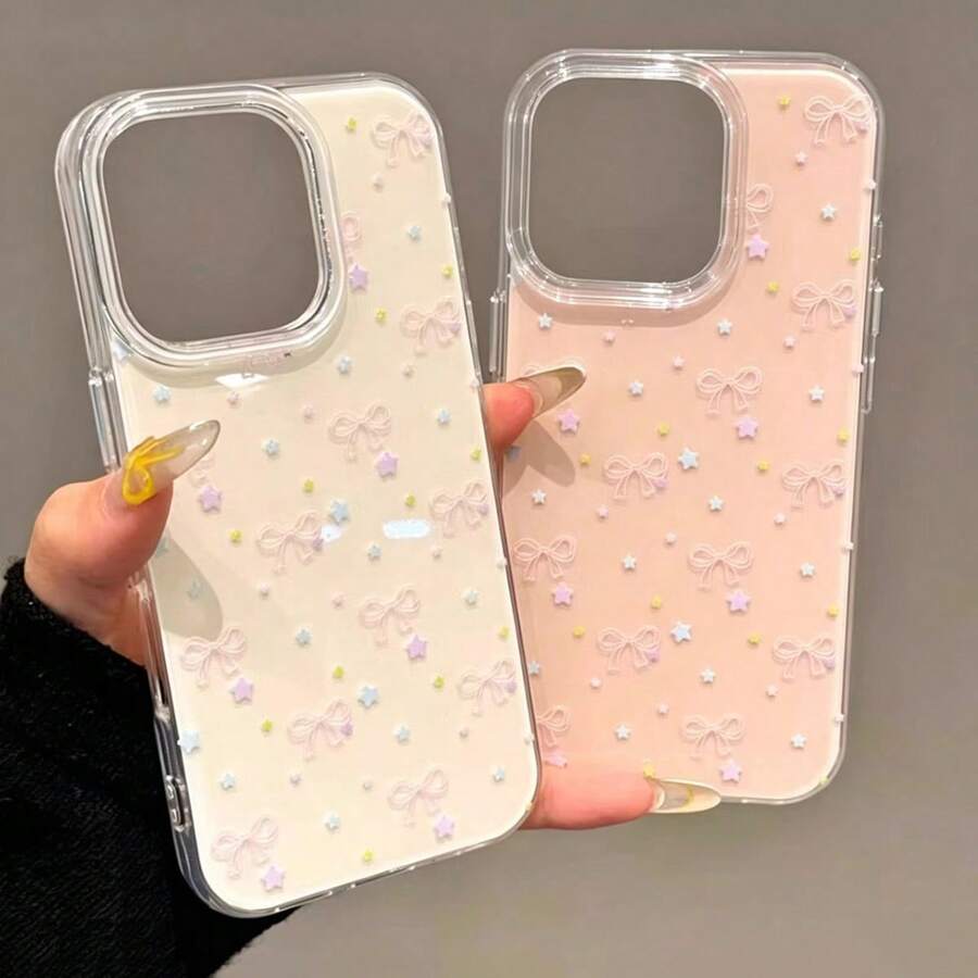 1PC Double Layer IMD Fresh Full Screen Bow & Colorful Star Phone Case, Compatible With Apple 17 Pro Max/17 Pro Max/16/15/14/13/12/11 - IMD Large Hole Minimalist Double Layer Shockproof Phone Case Protective Cover - Multicolor - View 1