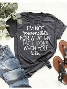 Women I'M NOT RESPONSIBLE FOR WHAT MY FACE DOES WHEN YOU TALK Slogan Graphic Tee Round Neck Short Sleeve Casual Daily All Season Summer Tshirt - 深灰色 - 查看 13