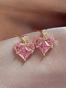 1 Pair Elegant Sweet Pink Cubic Zirconia Heart-Shaped Drop Earrings Suitable For Women's Wedding, Party, Holiday Wear - Pink - View 7