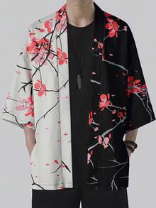 Japanese Vintage Loose Fit Versatile Contrast Color Floral Print Kimono Summer Fashion Beach Vacation Cover-Up Yukata Sun Protection Cover Up Jacket - Black and White - View 3