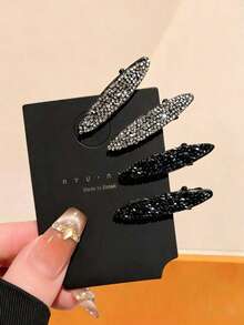 4/2pcs Black & Silver Glitter Hair Clips, Premium Bangs Clips Hairpins For Loose Hair, Small Cute Retro Hair Accessories - Multicolor - View 3