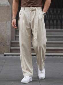 DAZY Blueprint Man 男士杏桃色寬褲，搭配皮帶，亞麻質感，舒適休閒長褲，抗起毛球 - 杏色 - 查看 3