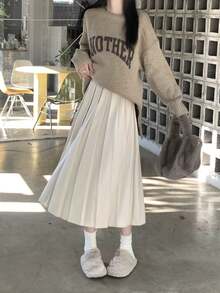 Women's Solid Color High Waist Casual Pleated Midi Skirt - Apricot - View 1
