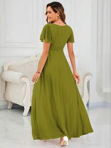 Elegant Olive Green A-Line Dress With Ruffle Sleeves, Suitable For Wedding Guest - Olive Green - View 4