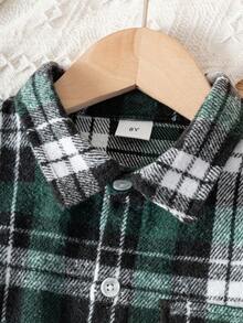 Unisex Kids Classic Street Fashion Casual Versatile Green Plaid Long Sleeve Shirt Suitable For Daily Wear, Vacation, Party And Other Activities - Green - View 6