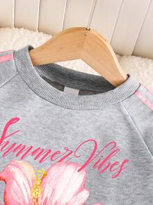 Tween Girl Floral Print Crew Neck Sweatshirt And Bowknot Long Pants Set - Grey - View 3