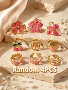 VceTd Random 4/6/8PCS Cute Flower/Fruit/Heart Shaped Design Stainless Steel Women's Jewelry Set Suitable For Women's Daily Wear Or Vacation - Yellow Gold - View 12