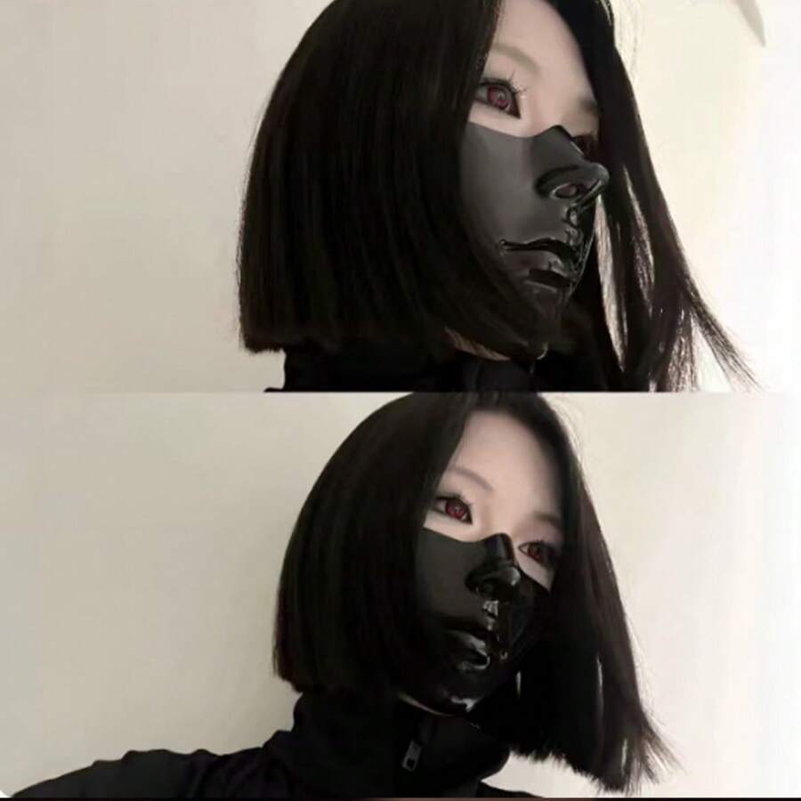 1pc Halloween Black Lower Face Mask, Aesthetic Cyberpunk Warrior Face Cover, Halloween Cosplay - Multicolor - View 1