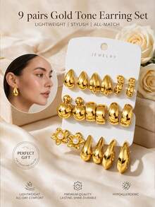 9 pares de pendientes vintage de tono dorado, set de 3 piezas para mujer, diseño de aro texturizado, ligeros, hipoalergénicos y versátiles, ideales para citas, fiestas y regalo de cumpleaños - Dorado - Ver 1