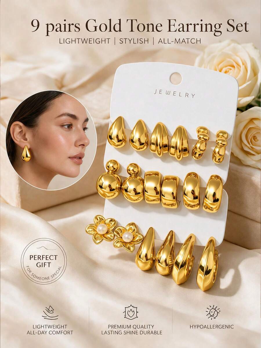 9 pares de pendientes vintage de tono dorado, set de 3 piezas para mujer, diseño de aro texturizado, ligeros, hipoalergénicos y versátiles, ideales para citas, fiestas y regalo de cumpleaños - Dorado - Ver 1