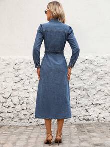 Women's Long Sleeve Denim Dress With Ruched And Cinched Waist, Cotton Casual - Blue - View 5