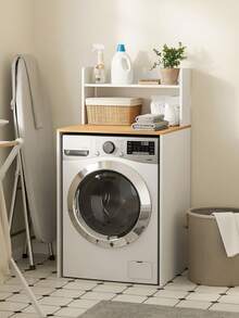 SoBuy | Washing Machine Cabinet With Oak Top | Over Washer Storage Shelf For UK Standard Washers | Utility Cupboard With 2 Shelves | 66*60*126 Cm | Load Capacity 33 Kg - 白色 - 查看 4