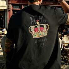 King Of My Own Life Graphic T-Shirt 100% Cotton 180 G/M² Crew Neck Breathable Regular Fit Summer Streetwear - Black - View 5