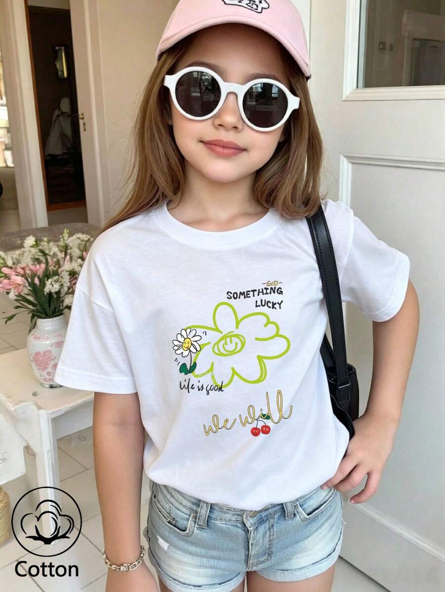 Summer & Autumn Girls' Cotton Short Sleeve T-Shirt, Cute Sweet Girly Preppy Style With Fun Printed Graphics - White - View 1