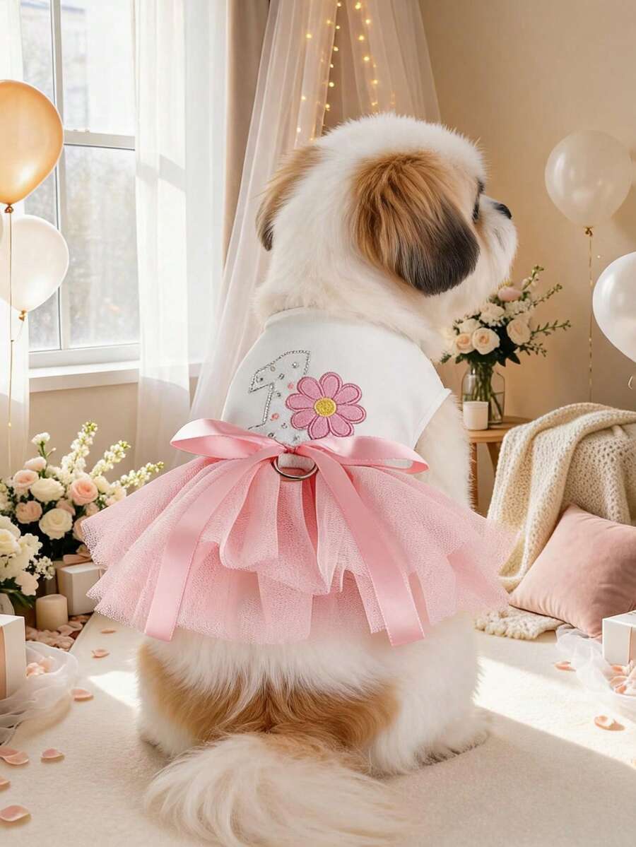 PETCIRCLE 1件寵物衣服 小狗幼犬貓咪可愛甜美公主風優雅洋裝 生日芭蕾舞裙 - 雛菊 - 彩色 - 查看 1
