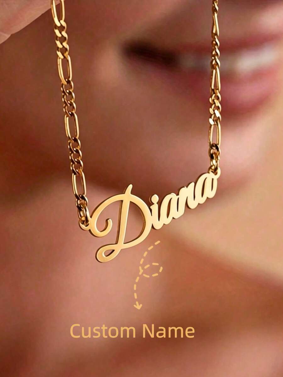 Waterproof Gold Plated Stainless Steel Customized Name Necklace, Figaro Chain Cursive Engraved Letter Pendant Jewelry, Graduation Gift - Multicolor - View 1