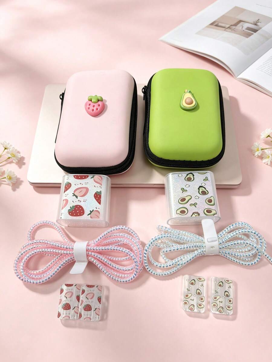 6pcs Cute Strawberry & Avocado Data Cable Protector Set, EVA Portable Storage Pouch, Printed Charger Protective Case, Laser Glitter Spiral Cable Wrap, Cable End Anti-Break Buckle, Compatible Compatible With Apple 18/20W Phone Charging Cable Protection & Storage - Multicolor - View 1