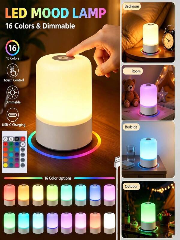 1pc Touch Sensor Bedside Night Light, RGB Multi-Color With Remote Control/3-In-1 White Light, Rechargeable RGB Color Changing, Type-C 5V Rechargeable Desk Lamp, Suitable For Bedroom, With Remote Control, Night Light, Rechargeable Light, Intermittent Lighting, Bedroom Light, Light, Indoor Lighting, Bedside Lamp, Bedroom, Bedroom Decor, Lampshade, Room Decor, Intermittent Lighting, Home Decor, Christmas, Christmas Decor, Suitable For Home Bedroom, Nursery, Nursing Room, LED Light, 800mAh Battery