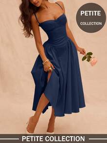 Soulscape Women's Petite Elegant Sexy Solid Color Spaghetti Strap Dress, Tailored Design Flatters Figure Summer - Navy Blue - View 10