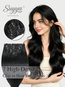 SUYYA 18 inci 7 pcs per set dengan 16 klip, ekstensi rambut jepit tenun ganda, rambut manusia asli lurus, #1 hitam pekat, ekstensi rambut jepit 100% rambut manusia Remy - S1 - View 1