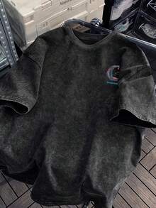 [24h Versand aus DE/FR/ES] 100% Schwarz Gewaschenes Kurzarm-T-Shirt für Herren, Retro-Casual-Sommerstil mit Distressed-Print-Muster, Cool und Modern, Lässiges Oberteil, perfektes Geschenk - A - Übersicht 1